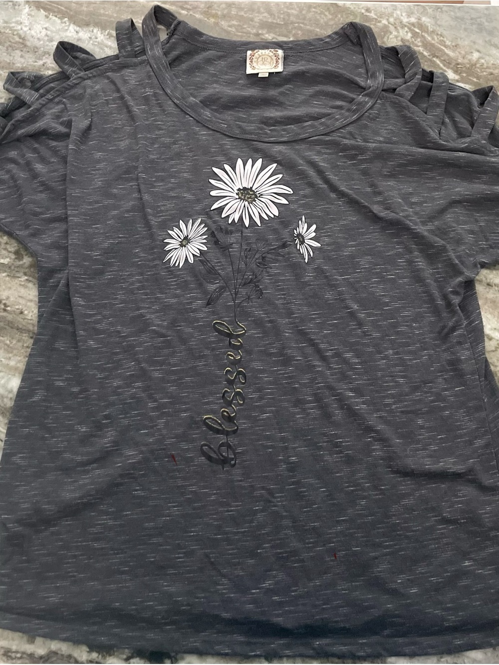 Truself Cold Shoulder Top Large Gray Floral Graphic Strappy Sleeve Casual